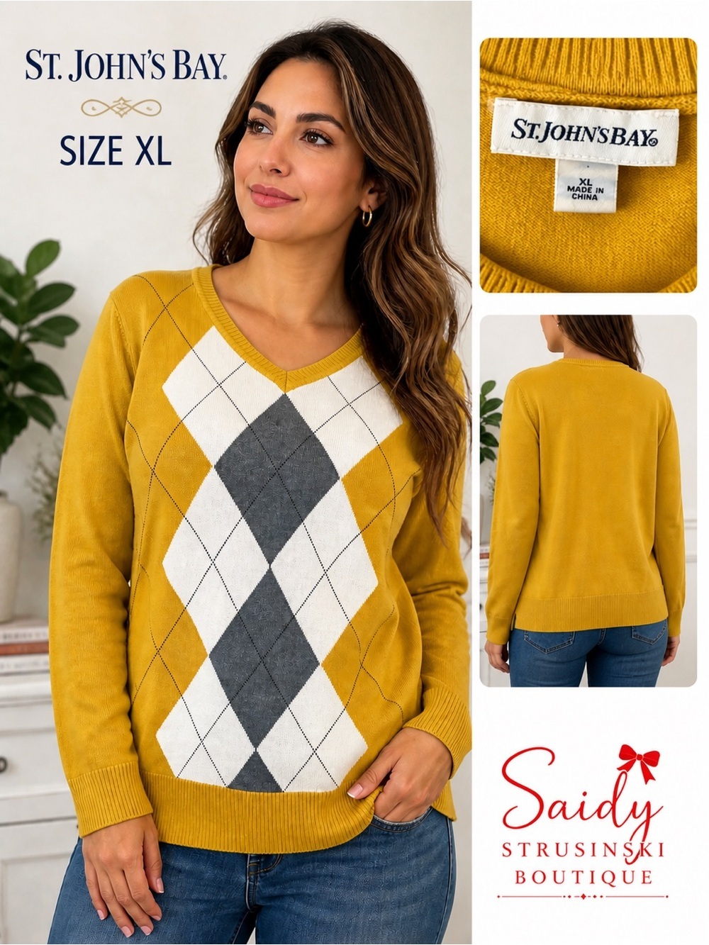 St. John’s Bay Yellow Argyle Sweater XL 100% Cotton Classic V-Neck